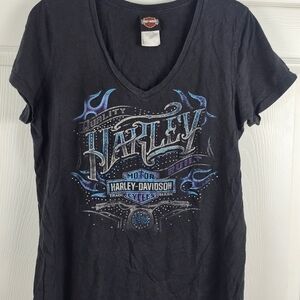 Harley Davidson Bedazzled Jeweled‎ Tshirt Vneck Fink's Ohio Mototcycles Biker XL